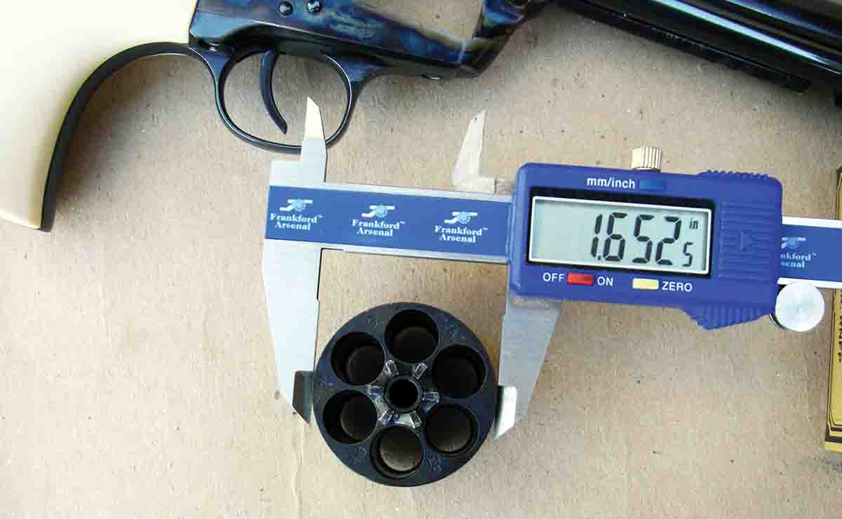 The Great Western II cylinder measures 1.652 inches in diameter while original Colt SAAs are 1.650 inches.